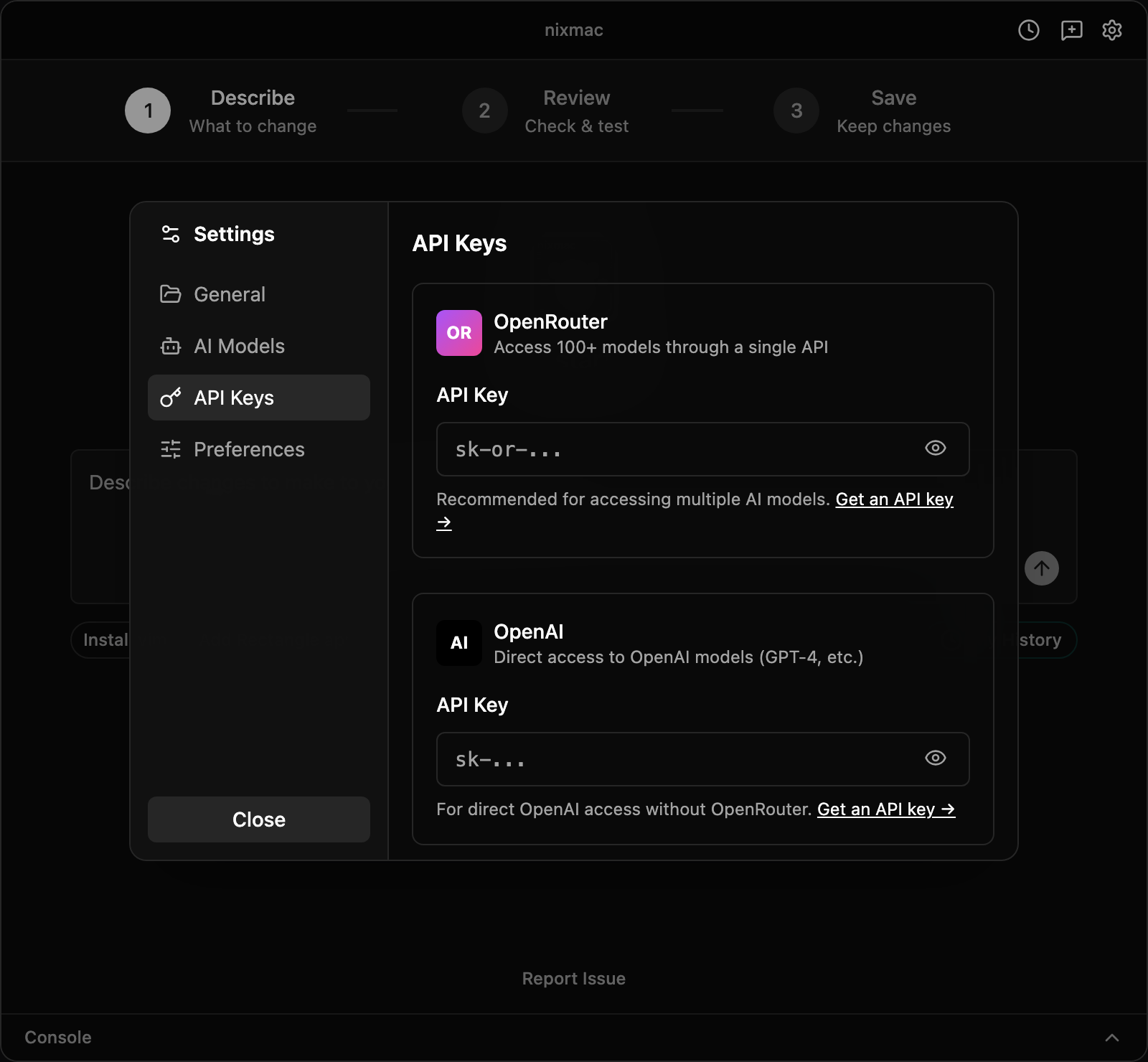 nixmac API Keys settings tab for OpenRouter, OpenAI, Ollama, and self-hosted provider configuration
