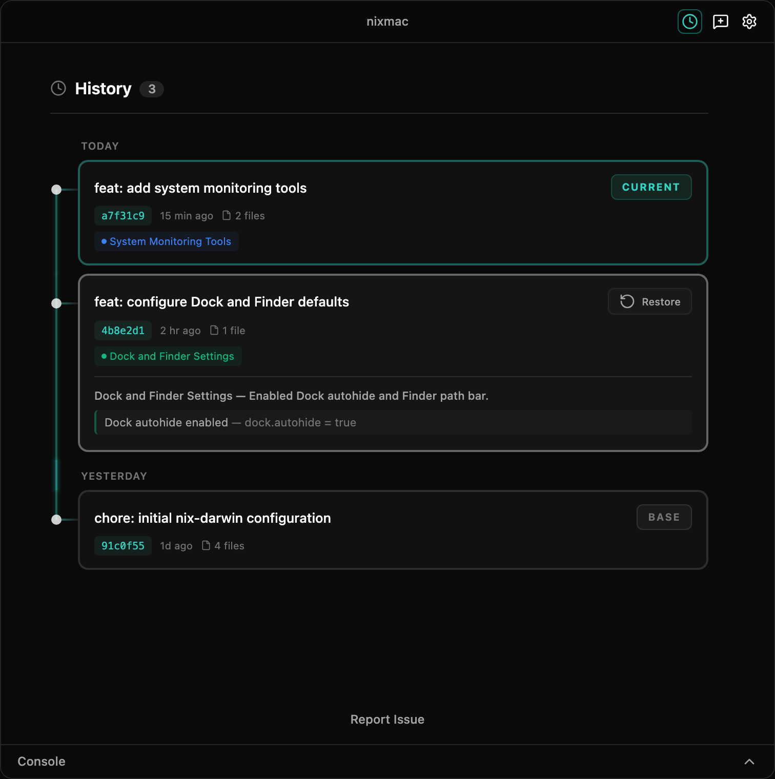 nixmac history view showing current, restore, and base commits for reverting to a previous state