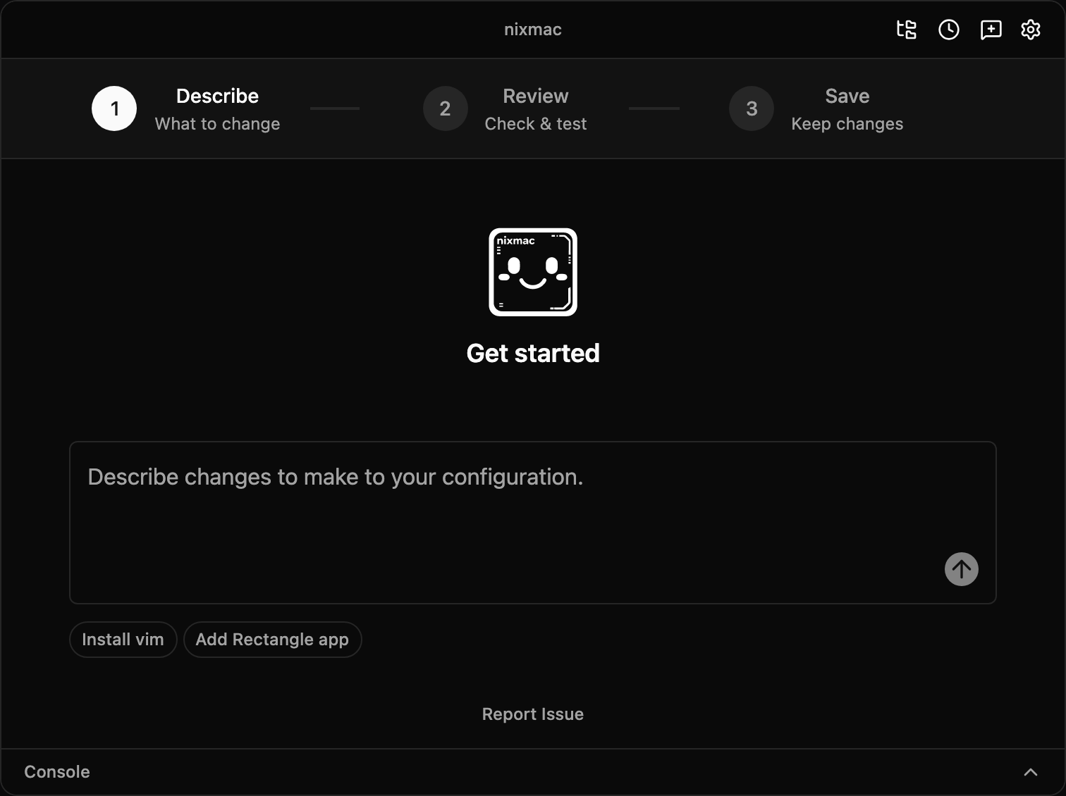 nixmac open on the Describe step with an empty prompt