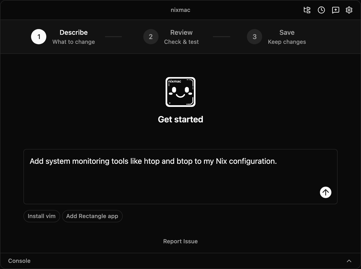 nixmac prompt filled with a request to add system monitoring tools