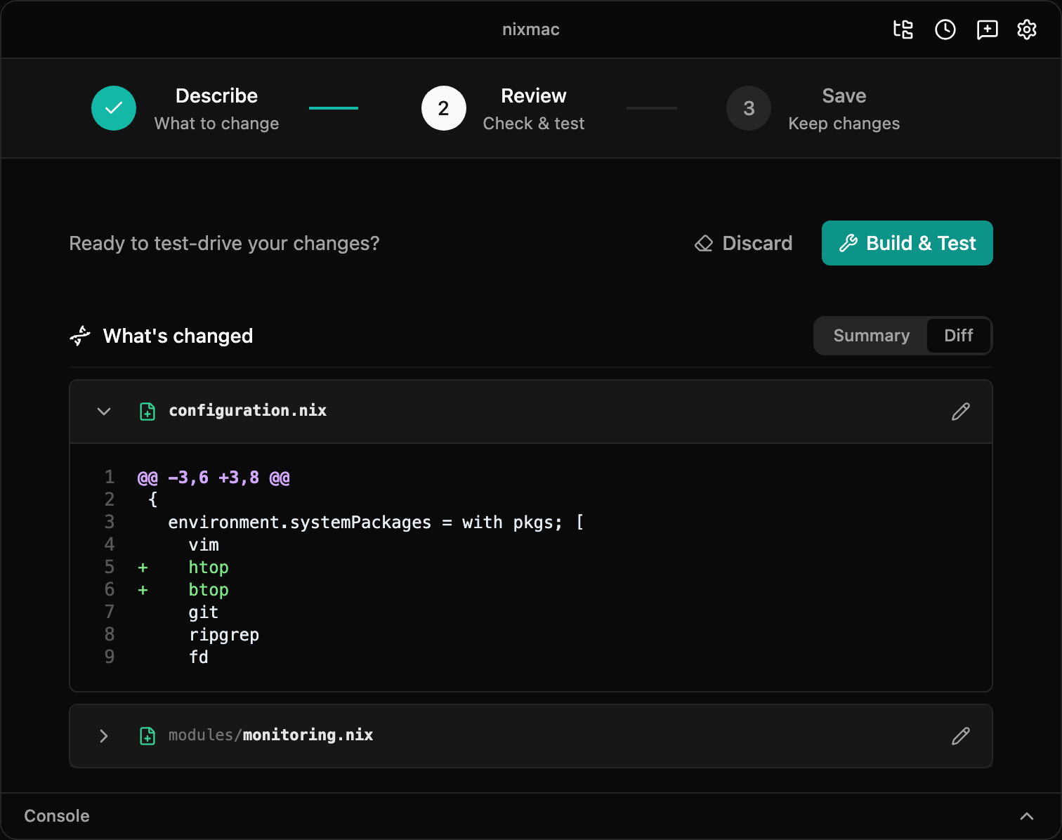 nixmac diff view showing generated configuration changes and the Build & Test button