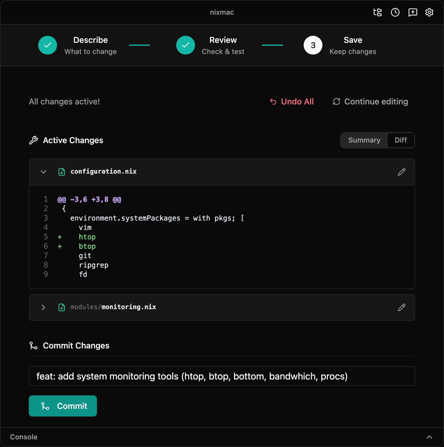 nixmac save step showing active changes with Undo All and Commit actions