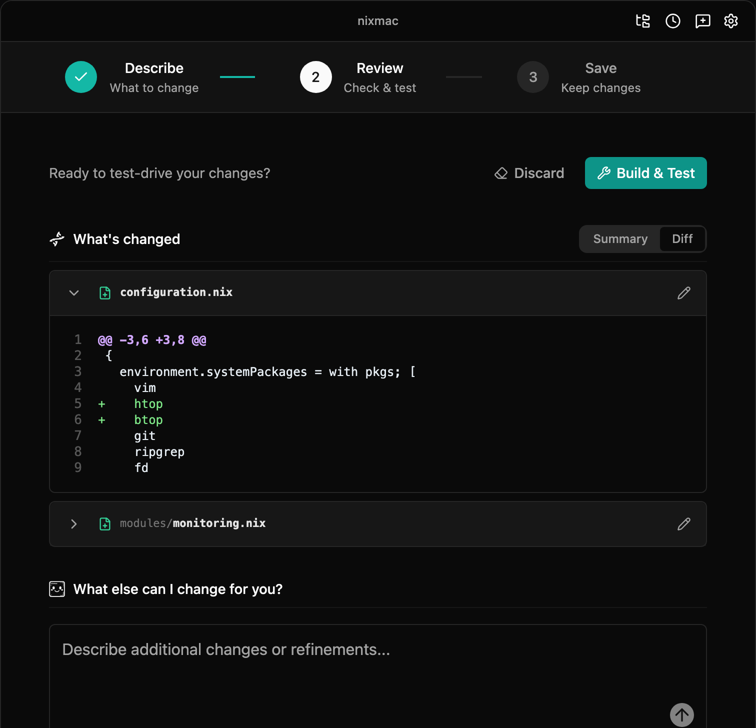 nixmac diff view showing generated nix-darwin configuration changes ready to build and test