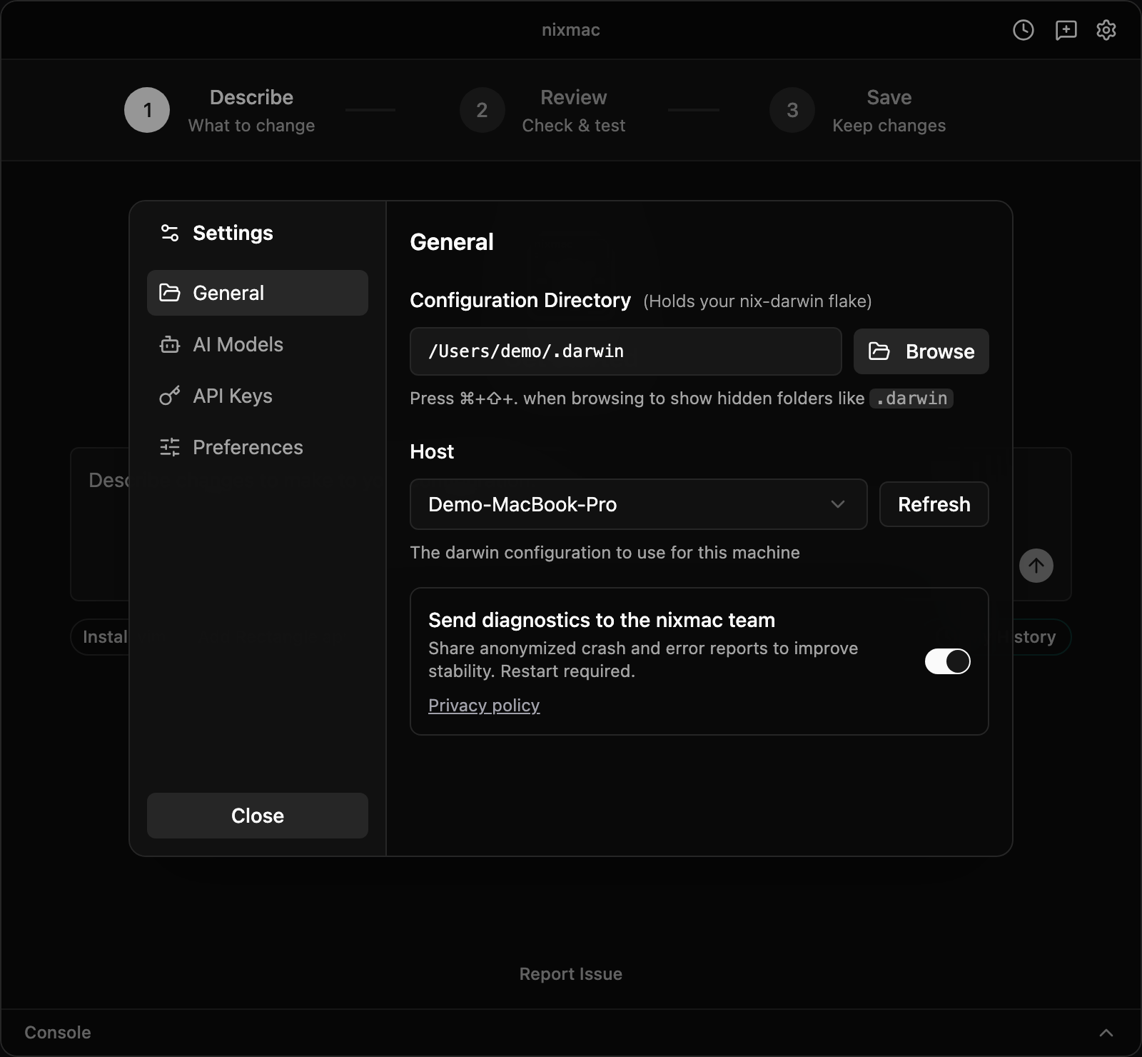 nixmac settings showing the nix-darwin configuration directory and host selector